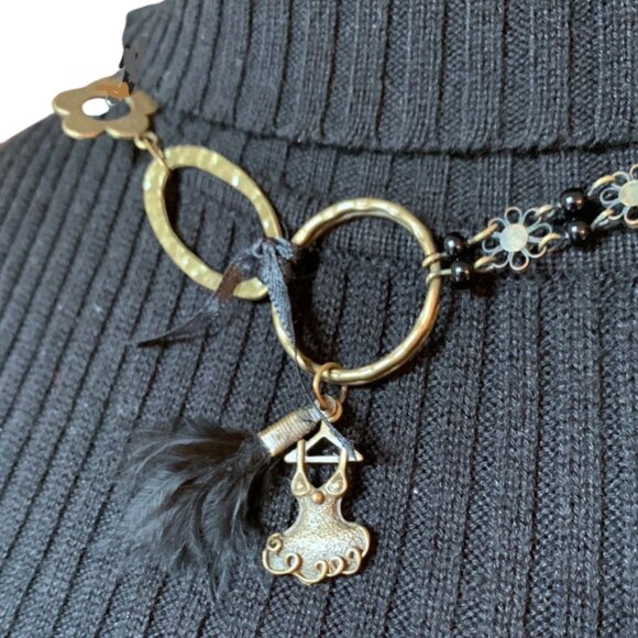 Handmade Black & Antique-Gold Charm Necklace – Dress Pendant, Feather Vintage - Picture 2 of 10